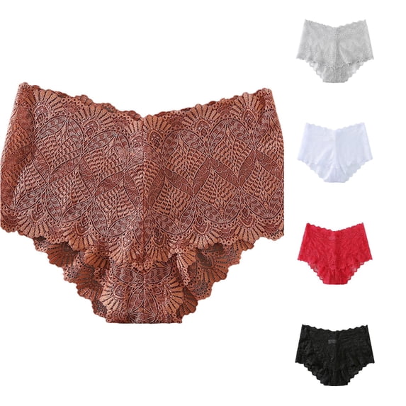 Womens Plus Size Lace Panties Stretch Soft Briefs Lady Underwear Breathable Comfort Crotch, XL, Brown