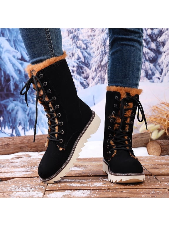 Womens Plus Size Lace Up Snow Boots Versatile Stylish Slip Resistant Chunky Sole Fleece Lined Fall Winter Comfort Height Increasing Boots For Wide Feet Snow Boots For Women