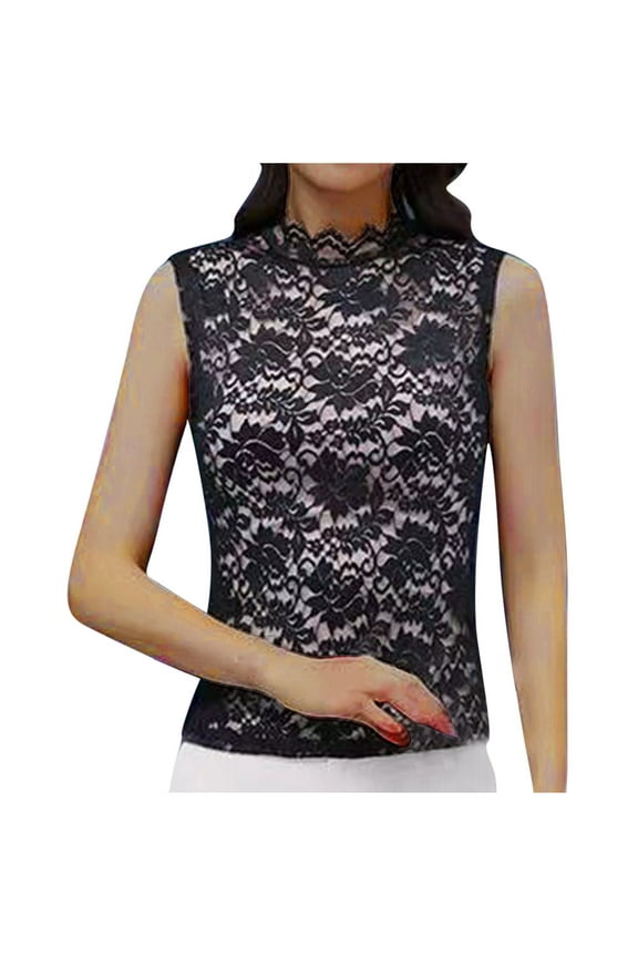 Womens Plus Size Lace Tank Tops Sheer Sleeveless Undershirt Elegant Mock Neck Long Sleeve T Shirts