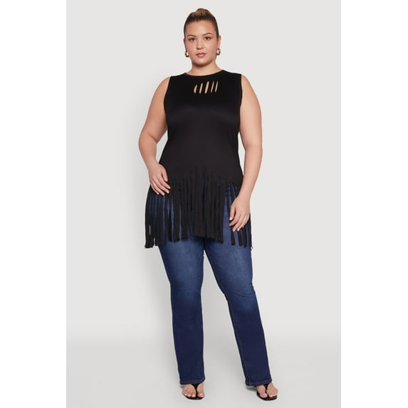 Womens Plus Size Laser Cut Fringe Hem Tank Top