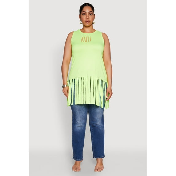 Womens Plus Size Laser Cut Fringe Hem Tank Top