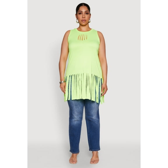 Womens Plus Size Laser Cut Fringe Hem Tank Top