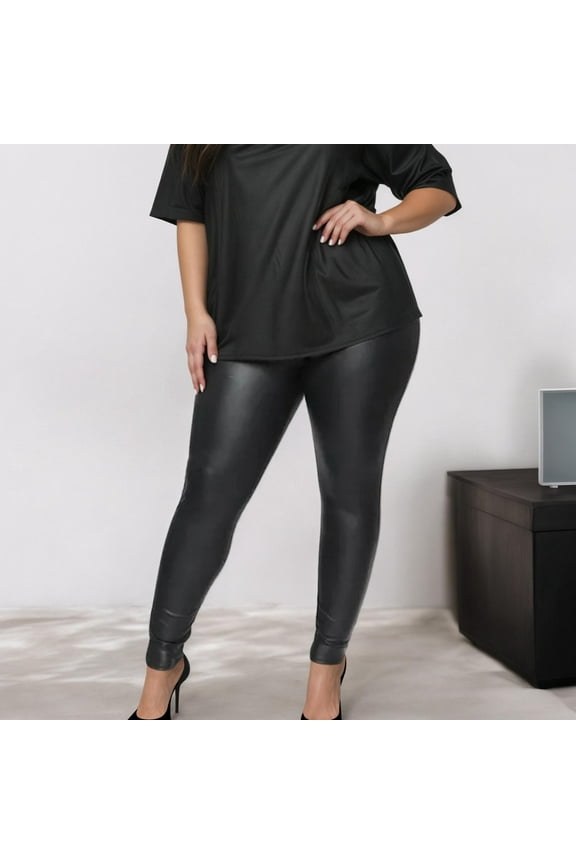 Womens Plus Size Leather Leggings High Waisted Super Stretchy Legging Breathable Lightweight Zipper Leggings Soft Leather Leggings Womens Leather Pants with Split Leather Thigh High Tights Leather