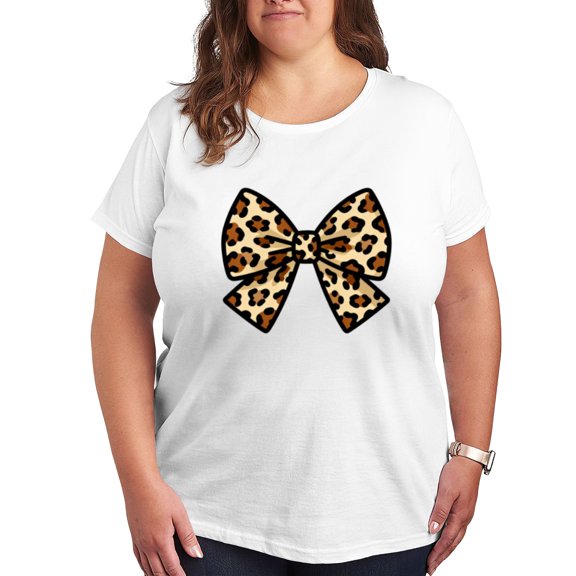Womens Plus Size Leopard Bow Graphic Tees T-Shirts Trendy Tshirt Casual Short Sleeve Oversized Tops