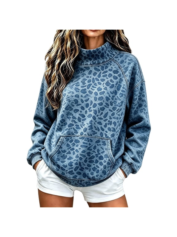 Womens Plus Size Leopard Print High Neck Top Long Sleeve Knit Pullover Blouse Cheetah Tops Blue S