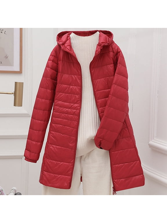 Womens Plus Size Lightweight Down Jacket Mid Length Hooded Slim Fit Thin For Warm Layered Winter Wear Womens Winter Coats