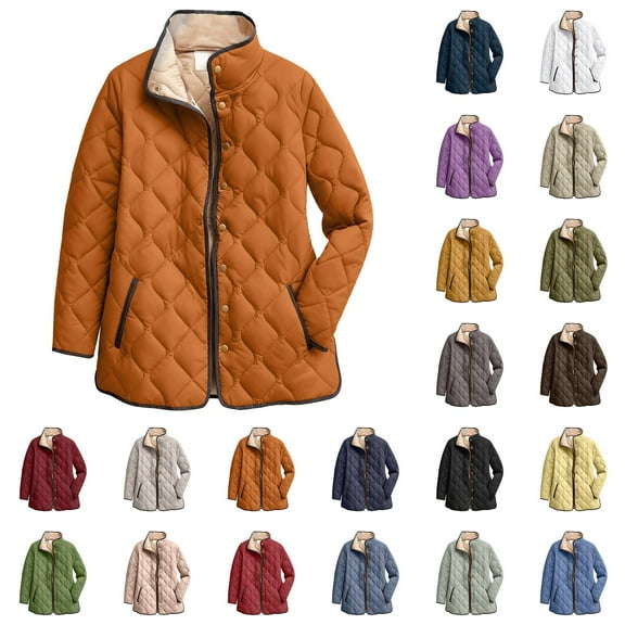 Womens Plus Size Lightweight Puffer Jacket Long Sleeve Quilted Design Button Front Winter Coat