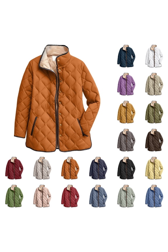 Womens Plus Size Lightweight Puffer Jacket Long Sleeve Quilted Design Button Front Winter Coat