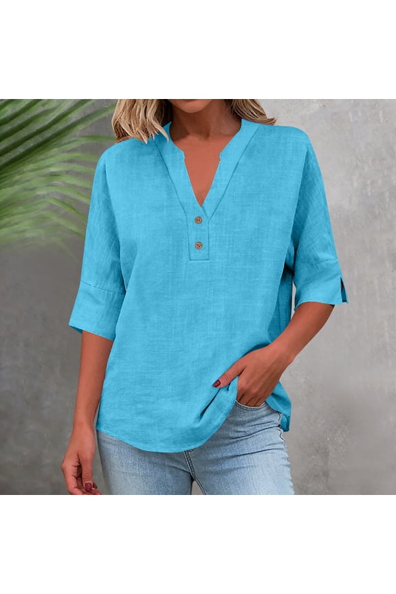 Womens Plus Size Linen Cotton Blend Loose Fit V-Neck Tunic Elbow Sleeve Button Front Casual Top Blue,Size 3XL
