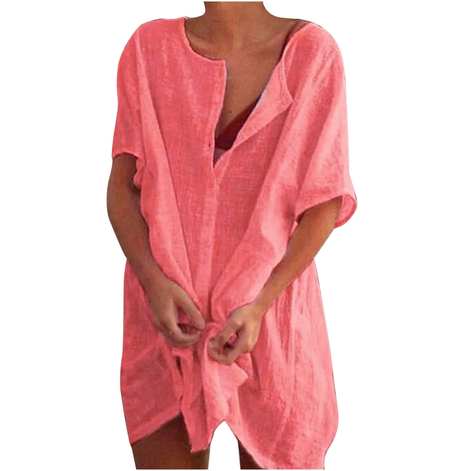 Womens Plus Size Linen Dress Beach Cover Up Button Down