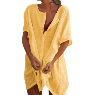 Womens Plus Size Linen Dress Beach Cover Up Button Down Shirt Mini Dresses Loose Bathing Suit Swimwear Coverups (S, Yellow)
