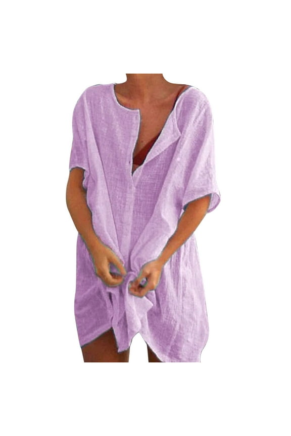Womens Plus Size Linen Dress Beach Cover Up Button Down Shirt Mini Dresses Loose Bathing Suit Swimwear Coverups (X-Large, Purple)