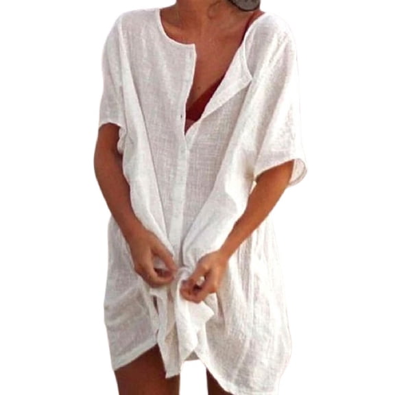 Womens Linen Dress Beach Cover Up Button Down Shirt Mini Dresses Loose Bathing Suit Swimwear Coverups Plus Size (XL, White)