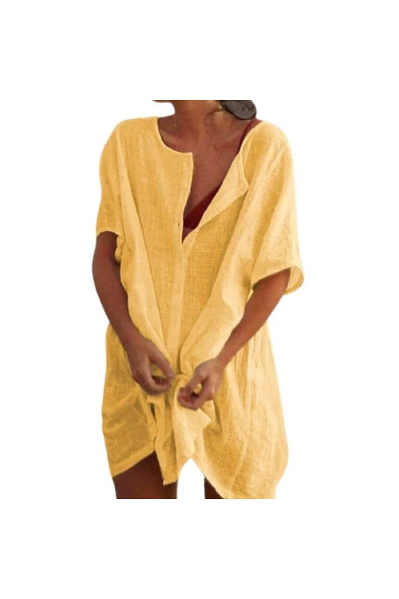 Womens Plus Size Linen Dress Beach Cover Up Button Down Shirt Mini Dresses Loose Bathing Suit Swimwear Coverups (XL, Yellow)