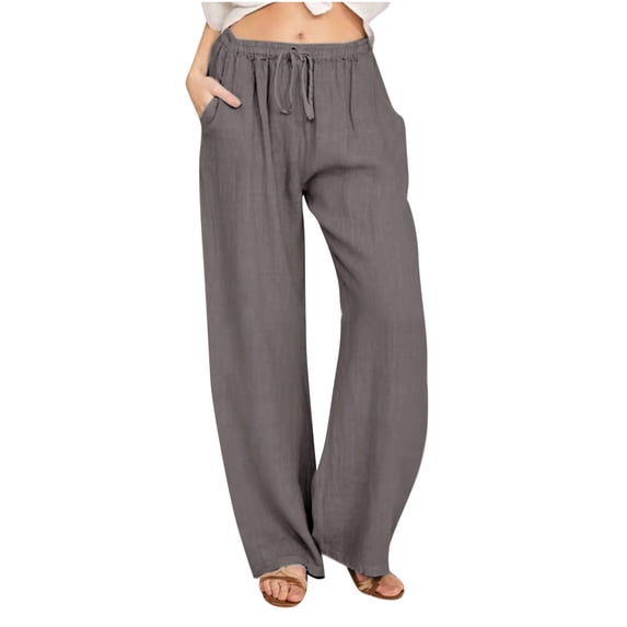 Womens Plus Size Linen Pants High Waisted Casual Pants Drawstring Elastic Waist Pants with Pockets Wide Leg Long Pants