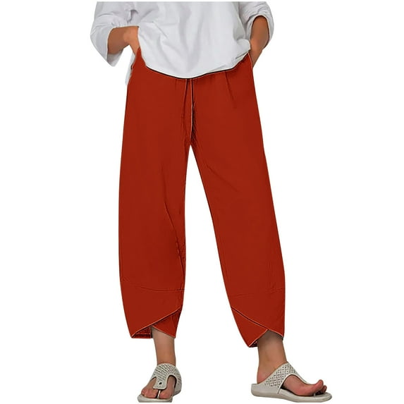 Womens Plus Size Linen Pants with Pockets High Waist Comfy White Summer Crop Pants Lightweight Casual Loose Trousers (3XL, Red)