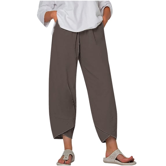 Womens Plus Size Linen Pants with Pockets High Waist Comfy White Summer Crop Pants Lightweight Casual Loose Trousers (4XL, Brown 02)