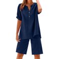 thumbnail image 1 of Womens Plus Size Linen Shorts Sets - 2 Piece Summer Outfits - Ladies Casual Button V-Neck Short Sleeve Shirts Tops and Elastic Waist Drawstring Bermuda Shorts Pants Sets, 1 of 4