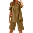 thumbnail image 1 of Womens Plus Size Linen Shorts Sets - 2 Piece Summer Outfits - Ladies Casual Button V-Neck Short Sleeve Shirts Tops and Elastic Waist Drawstring Bermuda Shorts Pants Sets, 1 of 4