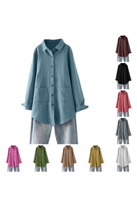 Womens Plus Size Linen Tunic Long Sleeve Button Down Blouse With Pockets Comfort Fit