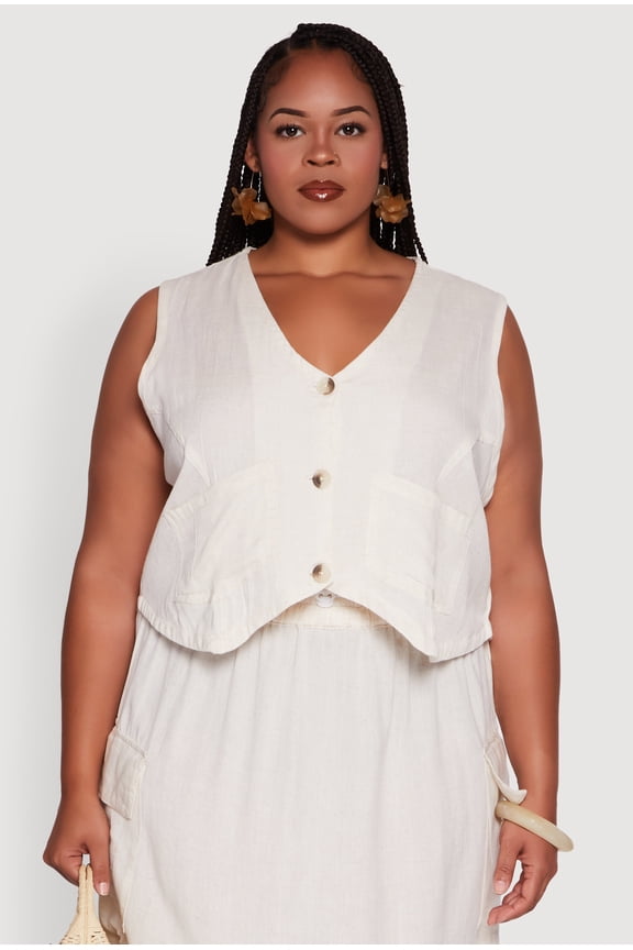 Womens Plus Size Linen V-Neck Cropped Vest