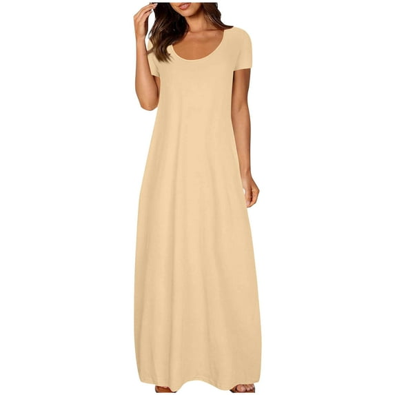 Womens Plus Size Long Dresses Crew Neck Plain Maxi Dresses Short Sleeve Casual Nightgowns Loose Sundresses Khaki, 5XL