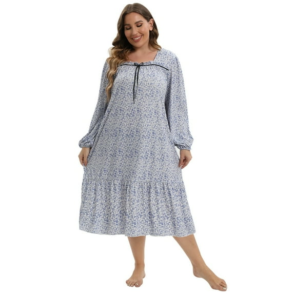 Womens Plus Size Long Nightgown Long Sleeve Soft Sleepwear Floral Loungewear Comfy Sleep Dress,XL-5XL