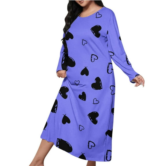 Womens Plus Size Long Nightgown Trendy Love Heart Print Long Sleeve House Dress Cute Sleepwear