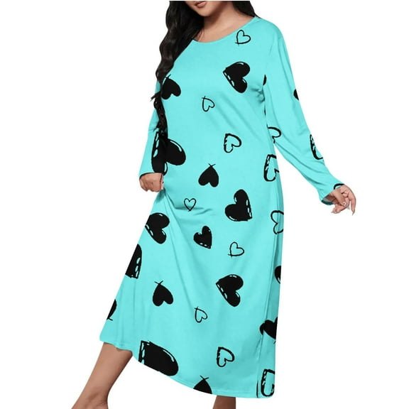 Womens Plus Size Long Nightgown Trendy Love Heart Print Long Sleeve House Dress Cute Sleepwear