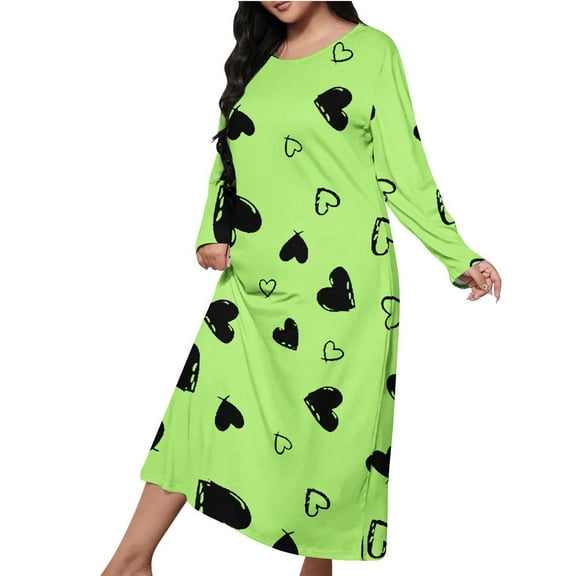 Womens Plus Size Long Nightgown Trendy Love Heart Print Long Sleeve House Dress Cute Sleepwear