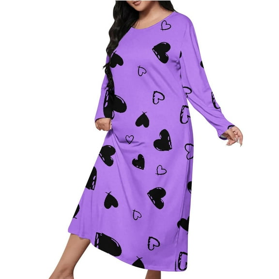 Womens Plus Size Long Nightgown Trendy Love Heart Print Long Sleeve House Dress Cute Sleepwear