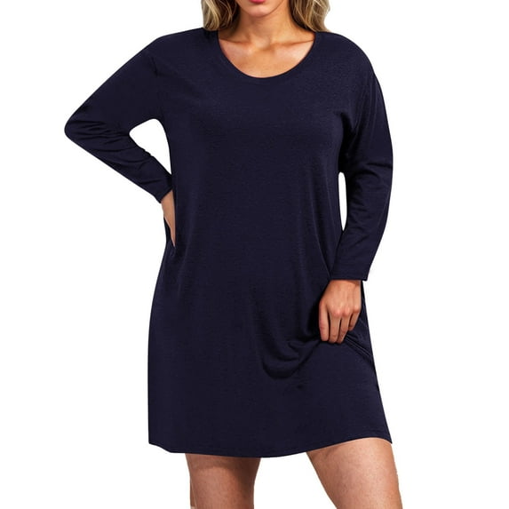 Womens Plus Size Long Sleeve Crew Neck T-Shirt Dress Casual Loose Fit Solid Color Dress Simple Comfy Dress