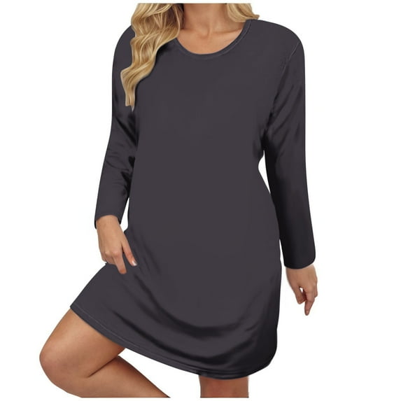 Womens Plus Size Long Sleeve Crew Neck T-Shirt Dress Casual Loose Fit Solid Color Dress Simple Comfy Dress