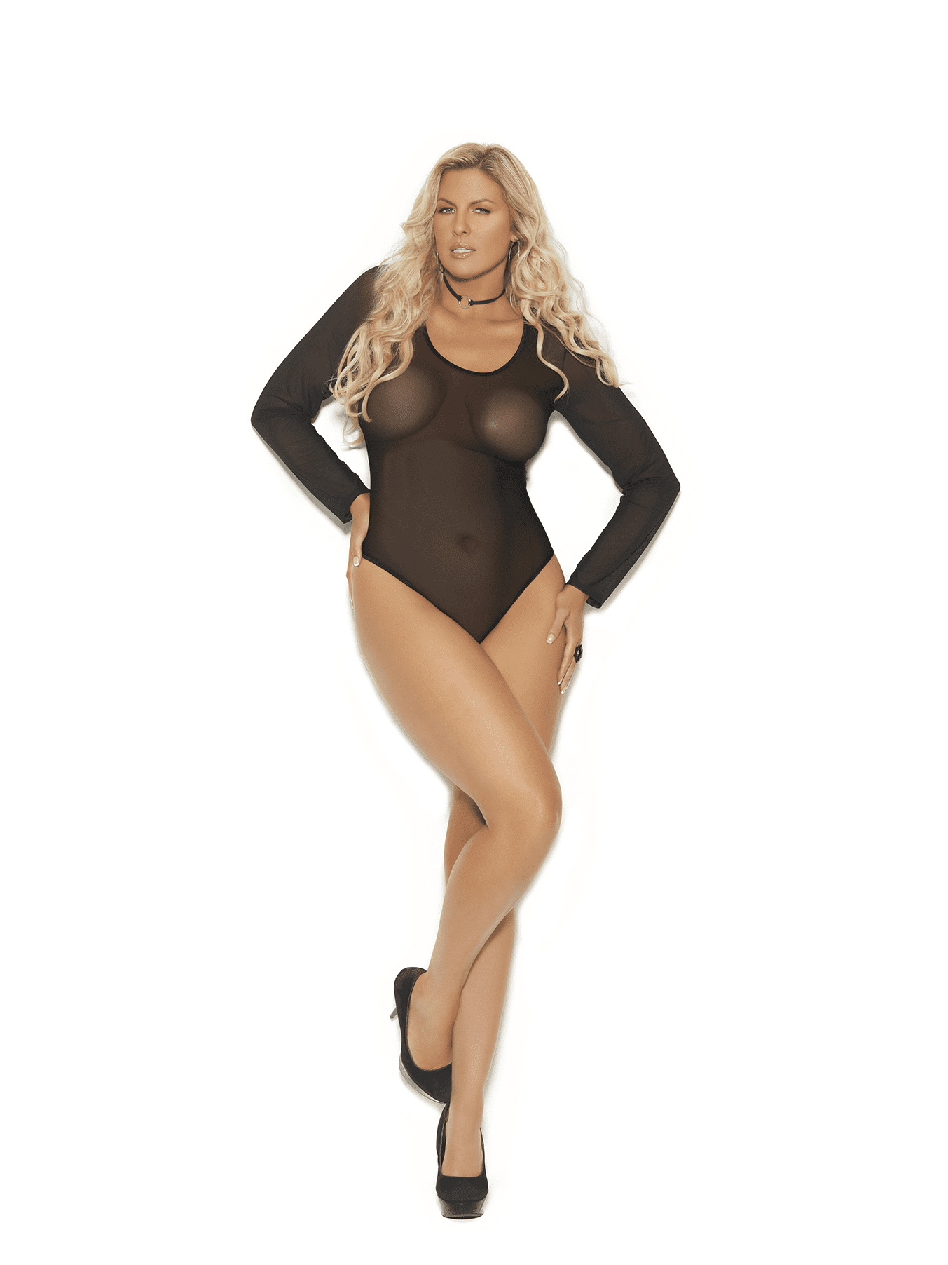 Womens Plus Size Long Sleeve Mesh Snap Closure Teddy Bodysuit Lingerie  Black 1X/2X 