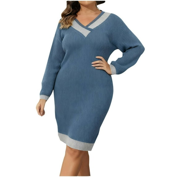 Womens Plus Size Long Sleeve Sweater Midi Dress Casual V-Neck Bodycon Knit Ribbed Color Block Long Dress for Fall Winter