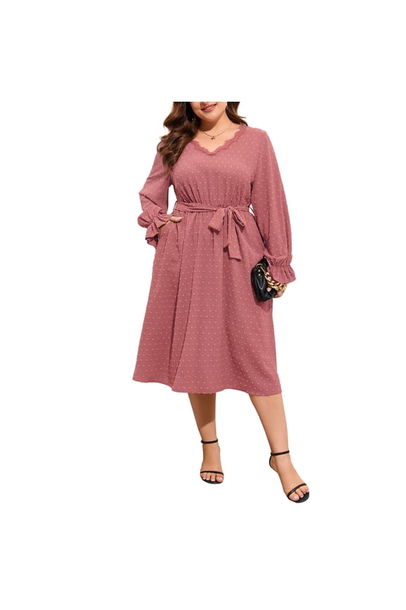 Womens Plus Size Long Sleeve Swiss Dot Boho Dress Empire Waist Ruffle Flowy A Line Midi Dress