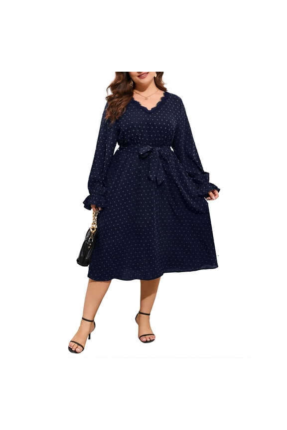 Womens Plus Size Long Sleeve Swiss Dot Boho Dress Empire Waist Ruffle Flowy A Line Midi Dress