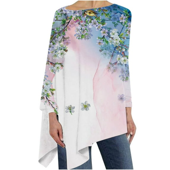 Womens Plus Size Long Sleeve Tops Boat Neck Vintage Floral Printed Pullover Casual Loose-Fit Irregular Hem T-Shirts Blouse