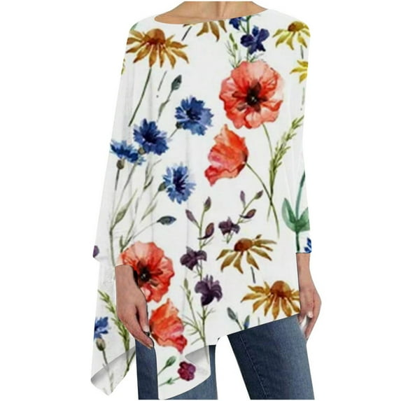 Womens Plus Size Long Sleeve Tops Boat Neck Vintage Floral Printed Pullover Casual Loose-Fit Irregular Hem T-Shirts Blouse