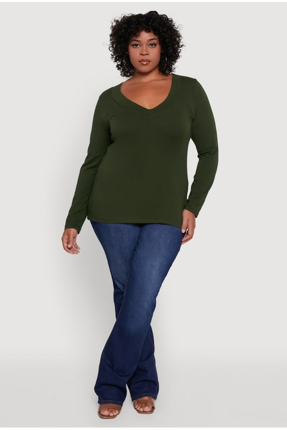 Womens Plus Size Long Sleeve V-Neck Basic Tee