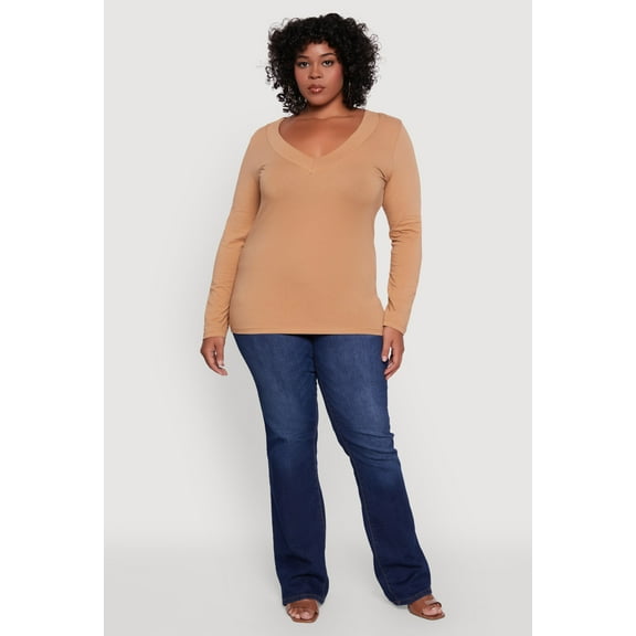 Womens Plus Size Long Sleeve V-Neck Basic Tee