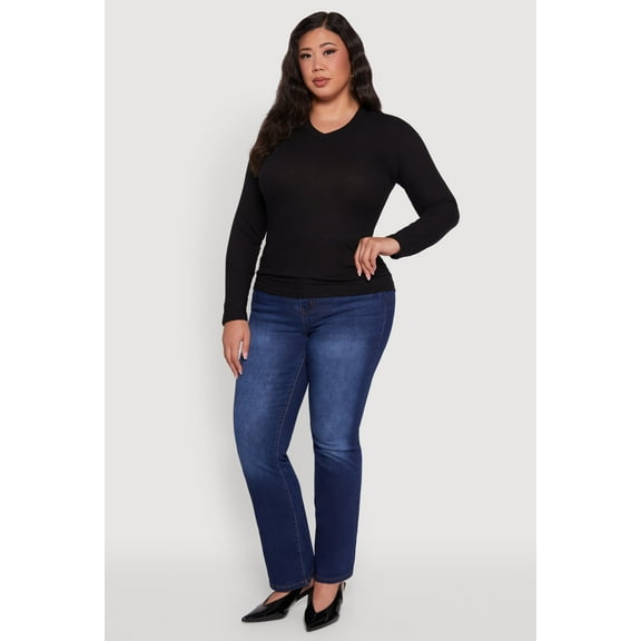 Womens Plus Size Long Sleeve V Neck Tee
