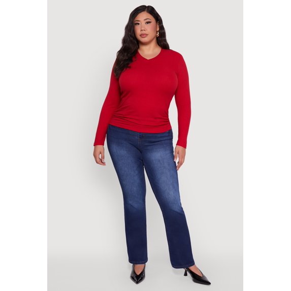 Women's Plus Size Long Sleeve V Neck Tee