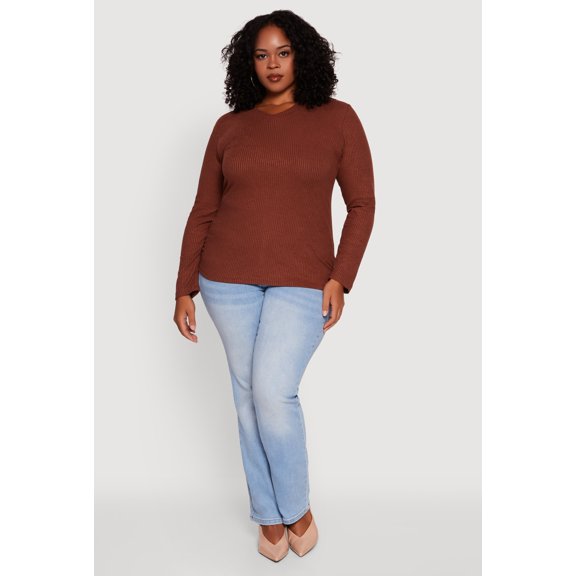 Womens Plus Size Long Sleeve V Neck Tee