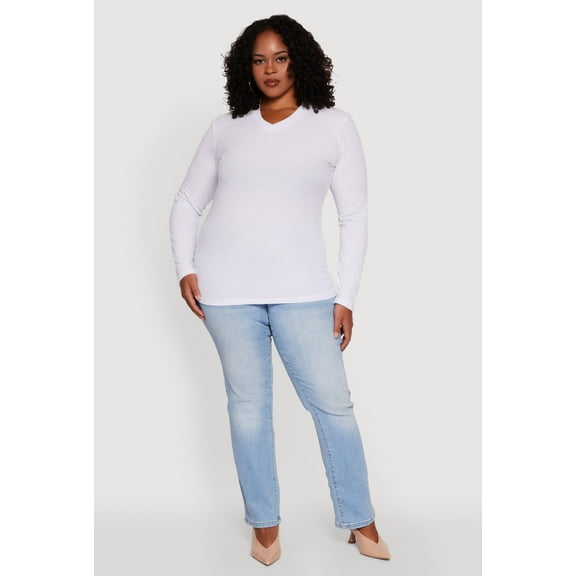 Womens Plus Size Long Sleeve V Neck Tee