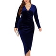 thumbnail image 1 of Womens Plus Size Long Sleeve Velvet Bodycon Dresses Elegant Ruched Wrap Deep V Neck Party Cocktail Dress Blue 5XL, 1 of 9