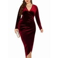 thumbnail image 1 of Womens Plus Size Long Sleeve Velvet Bodycon Dresses Elegant Ruched Wrap Deep V Neck Party Cocktail Dress Red XL, 1 of 9