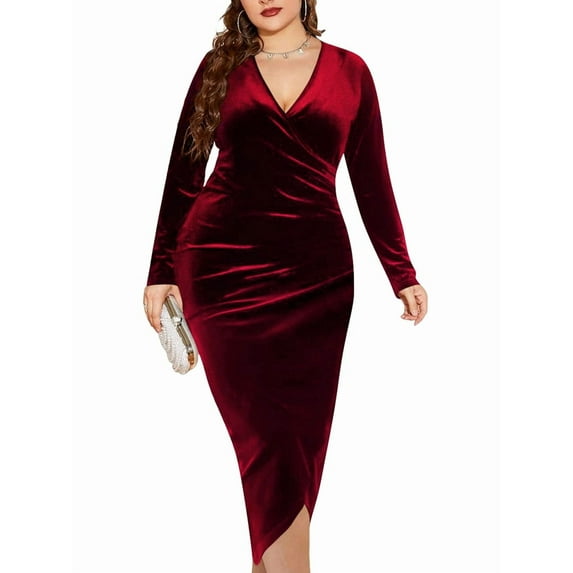 Womens Plus Size Long Sleeve Velvet Bodycon Dresses Elegant Ruched Wrap Deep V Neck Party Cocktail Dress
