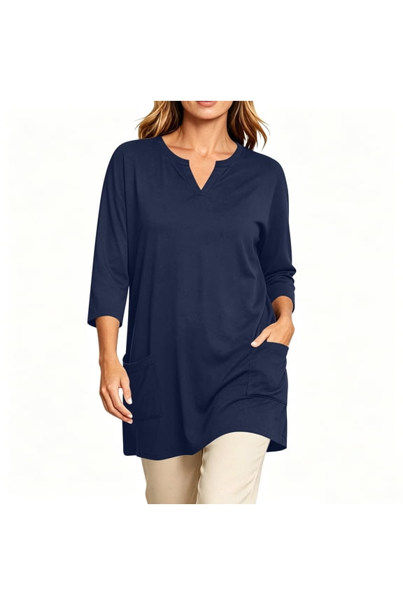 Womens Plus Size Longline Elbow Sleeve V-neck Tee with Pockets Loose Outdoor Elegant Tops for Women Trendy Outdoor Shirts 2026
