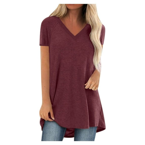 Womens Plus Size Longline T Shirt V Neck Short Sleeve Printed Design Casual Blouse